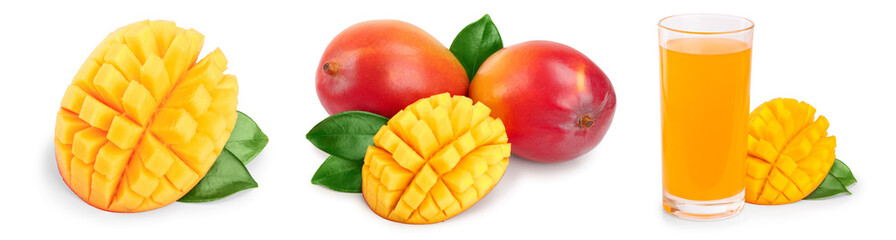 Mango fruit half with leaves and slices isolated on white background close-up. Set or collection