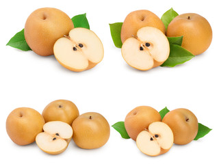 Set or collection fresh asian pear with leaf isolated on white background