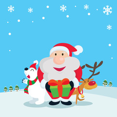 Santa Claus holding gift box with reindeer and polar bear. Santa and friends.