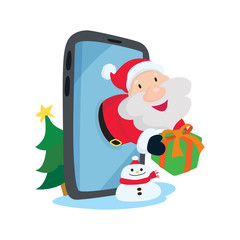 Santa Claus pop out of smartphone with gift box and snowman.