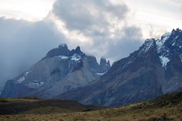 View at sunset of the landscape of the Torres del Paine mountains in autumn, Torres del Paine National Park, Chile
