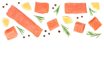 Slice of red fish salmon with lemon, rosemary isolated on white background with copy space for your text. Top view