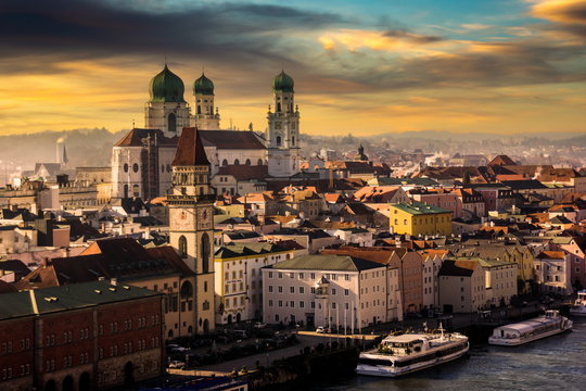 Passau on the Danube river, Germany. View of the town at sunset with beautiful sky.