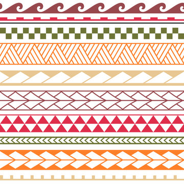 Vector ethnic boho seamless pattern in maori style. Geometric border with decorative ethnic elements. Pastel colors horizontal pattern.