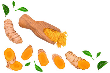 Turmeric powder and turmeric root isolated on white background. Top view. Flat lay