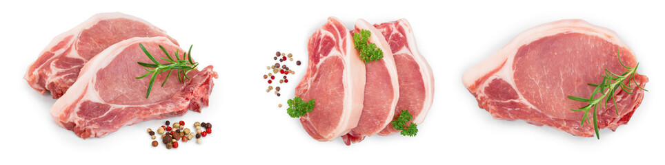 sliced raw pork meat isolated on white background. Top view. Flat lay. Set or collection