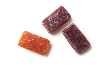 Closeup of fruit pastes on top view on white background
