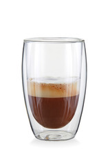 Beautiful coffee with cream and lush foam in a high transparent glass with a double contour isolated on a white background. 100 percent sharpness.