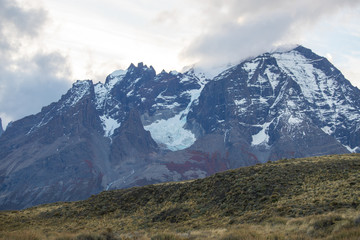 View at sunset of the landscape of the Torres del Paine mountains in autumn, Torres del Paine National Park, Chile