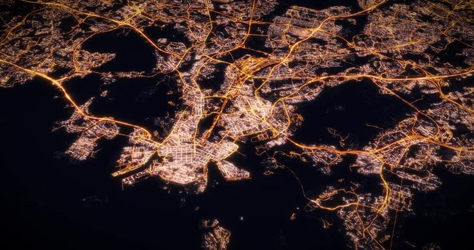 Aerial night view of city of Helsinki, Finland. Traffic and street light glowing. Camera flying above space filming to city center. Rotating around and making endless loop. 3d animation rendering.