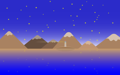 vector illustration of an evening sea landscape with a luminous lighthouse on the island and mountains with snow caps on a background of the starry sky