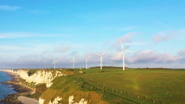 Cinq &eacute;oliennes dans un champ normand au bord de la mer	