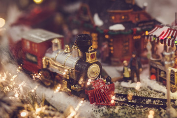 miniature railway with train. Christmas concept