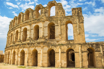 Panoramic view of ancient roman amphitheater in El Djem, Tunisia, North Africa