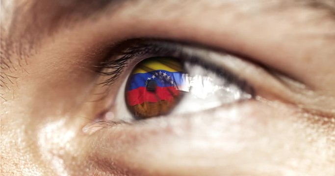 Man with brown eyes in close up, the flag of venezuela in iris,  with wind motion. video concept
