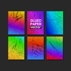 Set of badly glued colored paper. Crumpled poster. Graphics can be applied to any objects with a blending mode for the effect of crumpled wet paper. Vector illustration. Isolated on grey background.