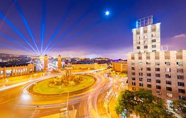 Night panorama of Barcelona, view of the central square (Plaça d'Espanya), Spain