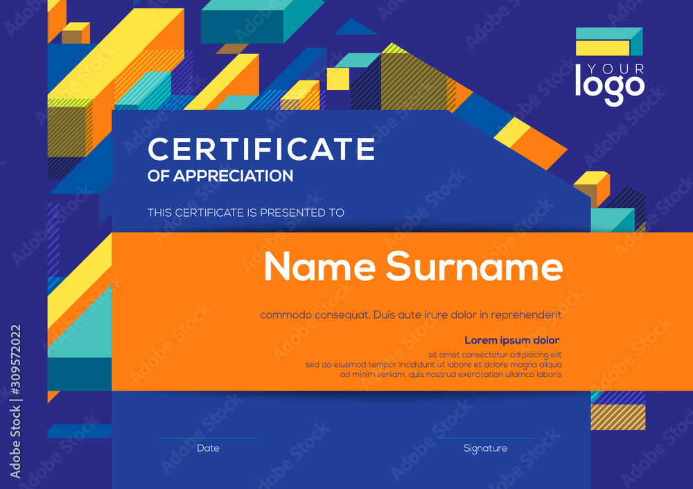 Poster modern certificate of completion template with vibrant blue color abstract graphic background