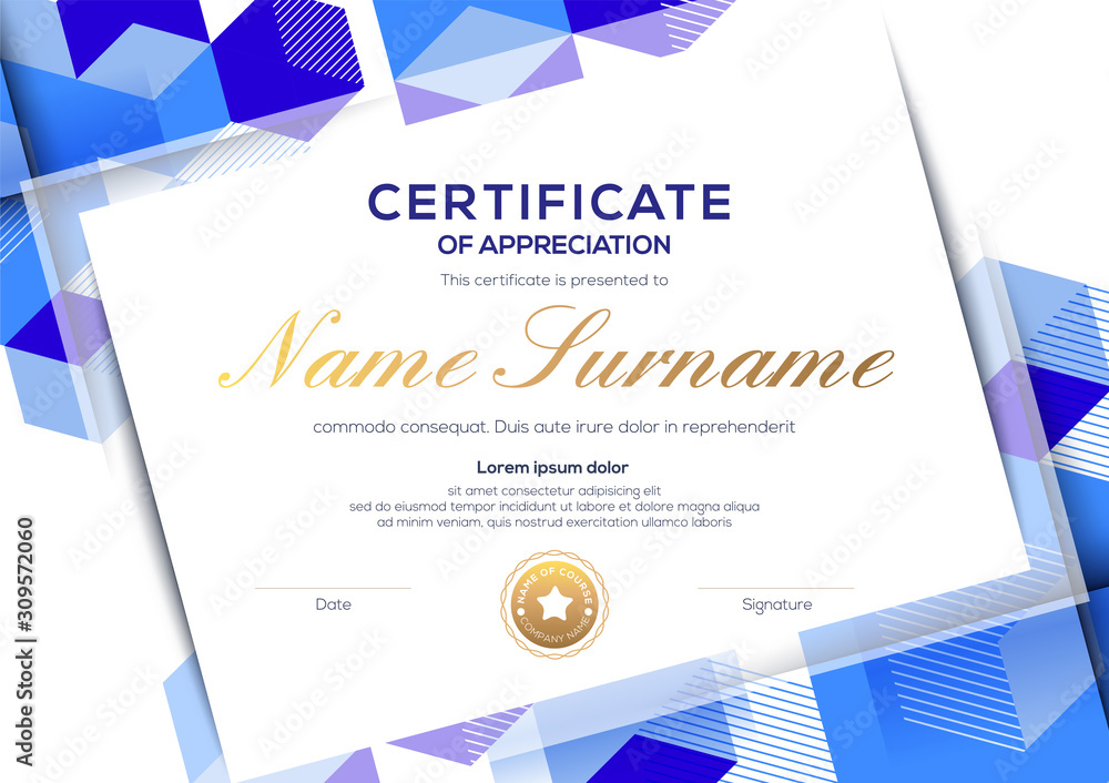 Wall mural modern certificate of completion template with blue abstract cube shape graphic background