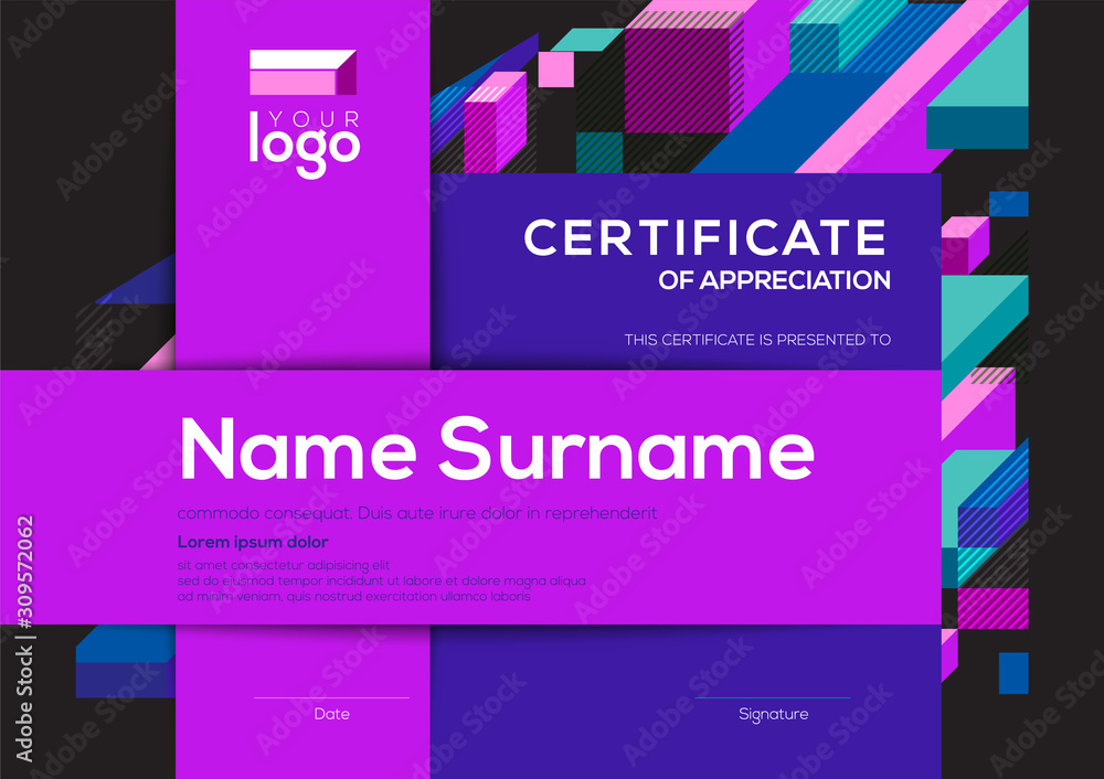 Wall mural modern certificate of completion template with vibrant blue and purple color abstract graphic backgr