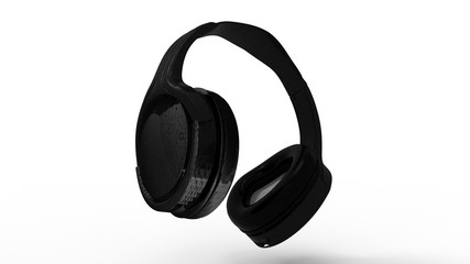 3d rendering of black head phones isolated in white studio background