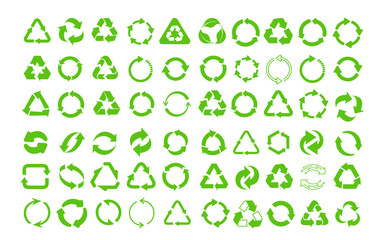 Mega set of recycle icon. Green recycling and rotation arrow icon pack. Flat design web elements for website, app for infographics materials. Eco vector illustration. Isolated on white background.
