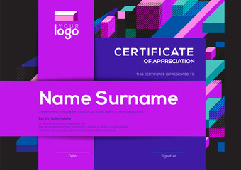 modern certificate of completion template with vibrant blue and purple color abstract graphic background
