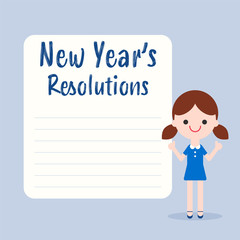 New year's resolutions list. Cheerful little girl cartoon with blank white board illustration in flat design style.