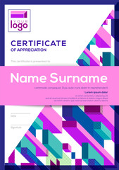 vertical modern certificate of completion template with abstract cube shape graphic background