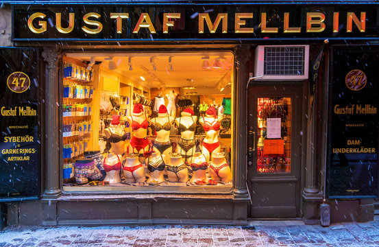 STOCKHOLM, SWEDEN - JANUARY 4: a show-window of Shop on sale of the Gustaf  Mellbin underwear on the small street of the city of Stockholm on January  4, 2016 Stock Photo | Adobe Stock
