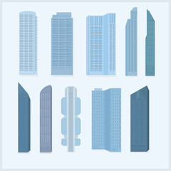 Set of vector skyscrapers in light and dark blue colors