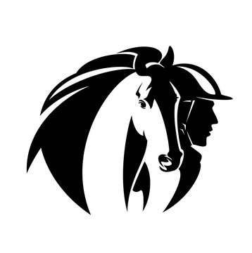 recommend clip art: horsemanship black and white vector emblem with horse head and man athlete wearing protection helemet profile