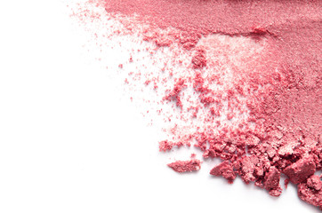 Texture of broken eyeshadow or powder. The concept of fashion and beauty industry. Close-up. Copy...