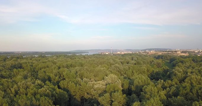 Drone flying over Big war island jungle in Belgrade, Serbia