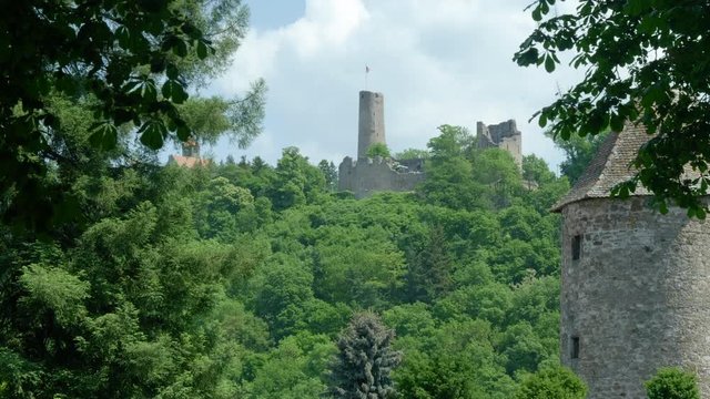 Windeck Castle ruin on sunny day, Weinheim. Low angle, static view.