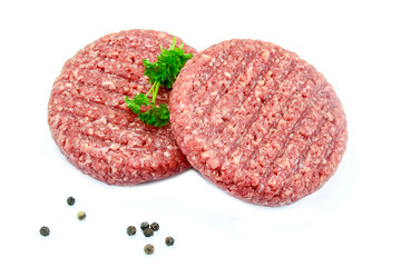 two minced steaks of raw beef on a white background