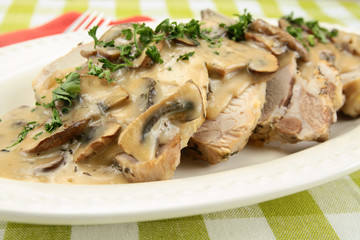 sliced roast pork with mushroom sauce