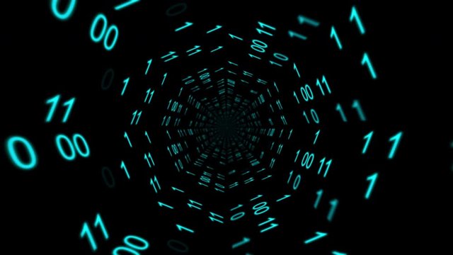 Binary code flying in space. Abstract motion graphics animation background.