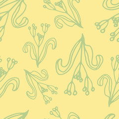 Floral seamless pattern in line art style.  Abstract botanical print of flowers, leaves, twigs. Textile design texture. Spring blossom background. Vector illustration.