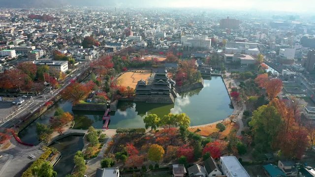Aerial View 4k by drone of Matsumoto Castle in Matsumoto city, Nagano, Japan.