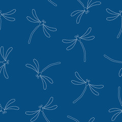 Seamless vector pattern background with dragonflies in japanese embroidery style.
