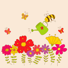 Cute floral vector card. Funny bee flying over flowers.