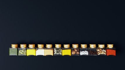 Collection of spices in small glass bottles on black background 3D Rendering