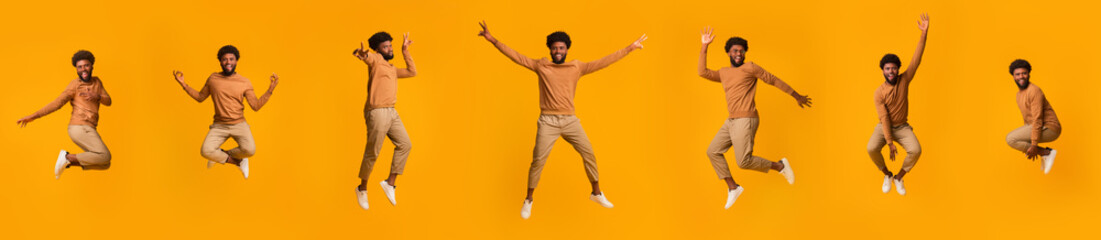 Collage of jumping joyful black guy on orange