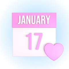 January 17 romantic calendar with pink heart. Love anniversary concept. Relationship date. 3d illustration
