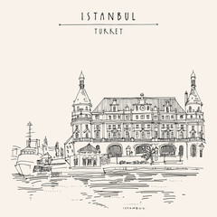 Fototapeta premium Istanbul, Turkey. Haydarpasa train station and dock. Hand drawn tourist attraction, beautiful old architecture. Travel sketch of a nice building. Vintage touristic postcard or poster