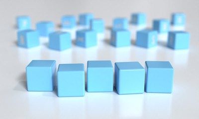 Five blank blocks with copyspace. 5 letter word mockup. Cubes for text template. 3d illustration
