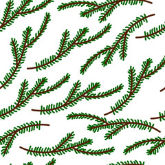 Seamless winter holiday pattern. Christmas tree branches isolated on a white background. Cute decorative green twig in Scandinavian style. Festive decoration element for Christmas and New Year