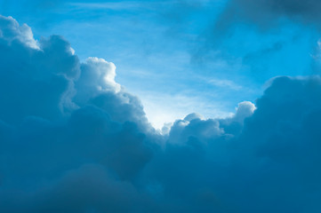 Blue sky with amazing white clouds close-up. Horizontal shot.