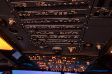 Airplane buttons in the cockpit simulator - obrazy, fototapety, plakaty
